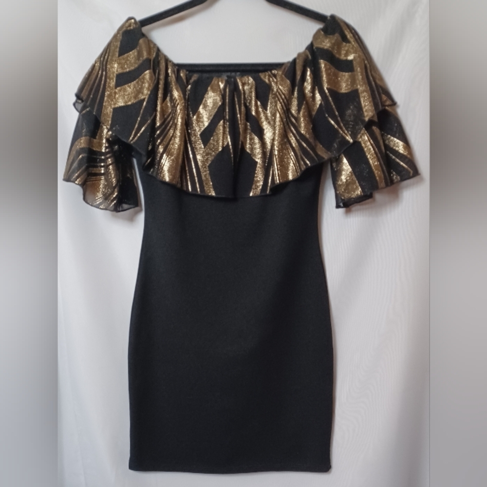 Freesia Women's Black and Gold Ruffle Elastic Neck Bodycon Mini Dress. Size M - Picture 1 of 8
